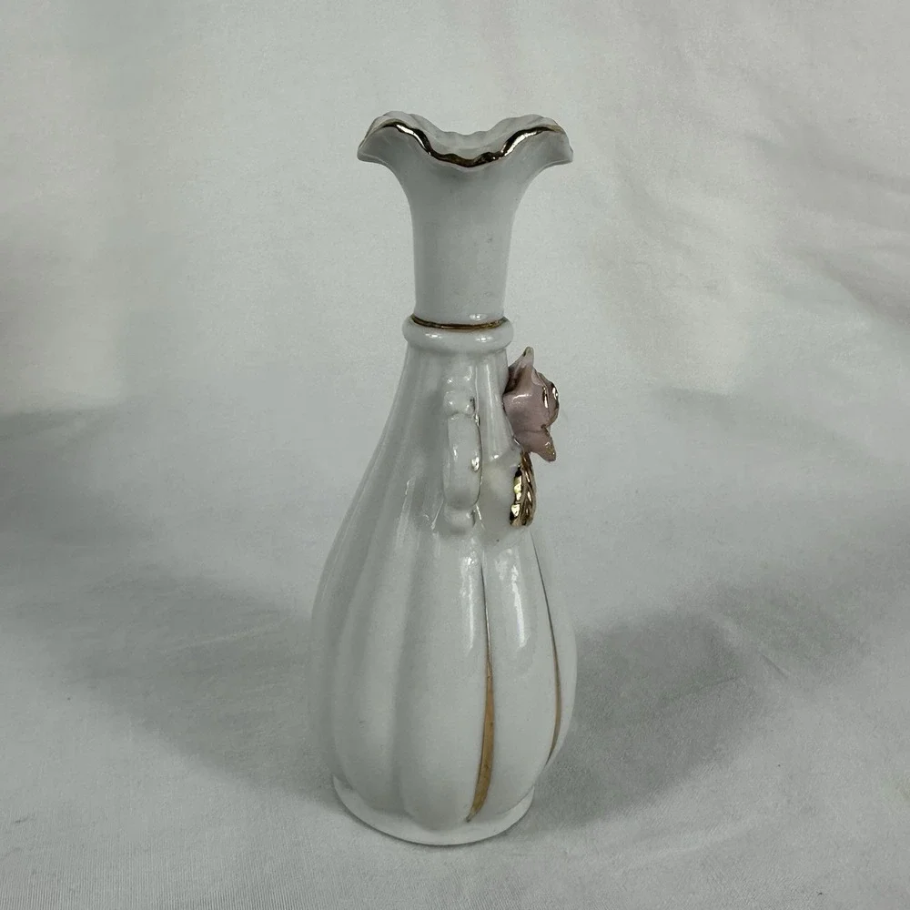 Vintage Pair Miniature Porcelain Bud Vases Pink Applied Roses Gold Trim 5